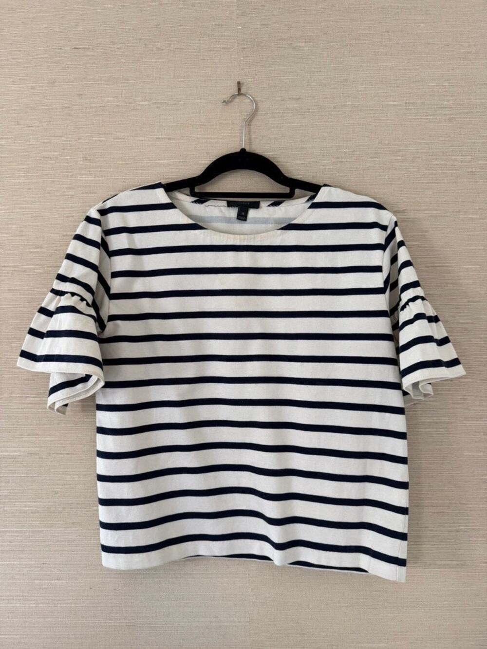 J.Crew Navy Stripe Ruffle Sleeve Cotton Tee – Size XS